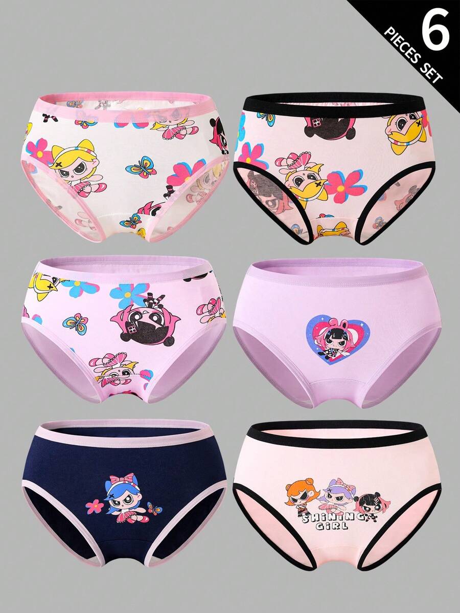 6 件装少女棉质可爱嘻哈飞天女孩印花三角裤可爱内裤，返校时尚 - 彩色 - 查看 1