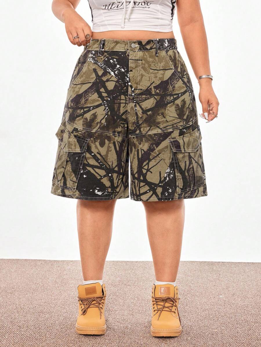 SHEIN ICON 大码女式高腰阔腿多口袋树枝图案牛仔短裤 - 彩色 - 查看 1