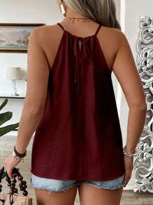 EMERY ROSE 加大码时尚勃艮第色颈带休闲宽松迷人无袖吊带背心，细肩带设计，优雅女士风格 - 酒紅色 - 查看 2