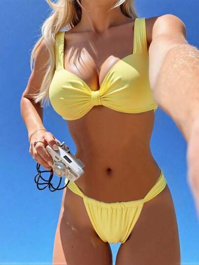 Swim Mod مجموعة بكيني أصفر مجعد بلون أحادي للنساء للشاطئ والعطلات