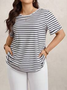 Zelara Plus Size Round Neck Striped Printed Short Sleeve Casual Everyday Fall T-Shirt Travel Airport Navycore - Black and White - View 5