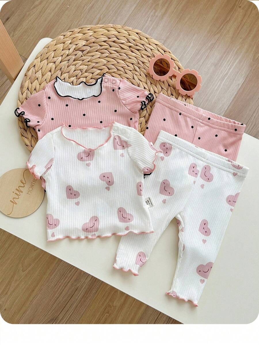 4pcs Baby Girl Ribbed Ruffle Trim Cartoon Print Short Sleeve Top And Long Pants Pajama Set, Breathable And Moisture-Wicking Graphic - Pink - View 1