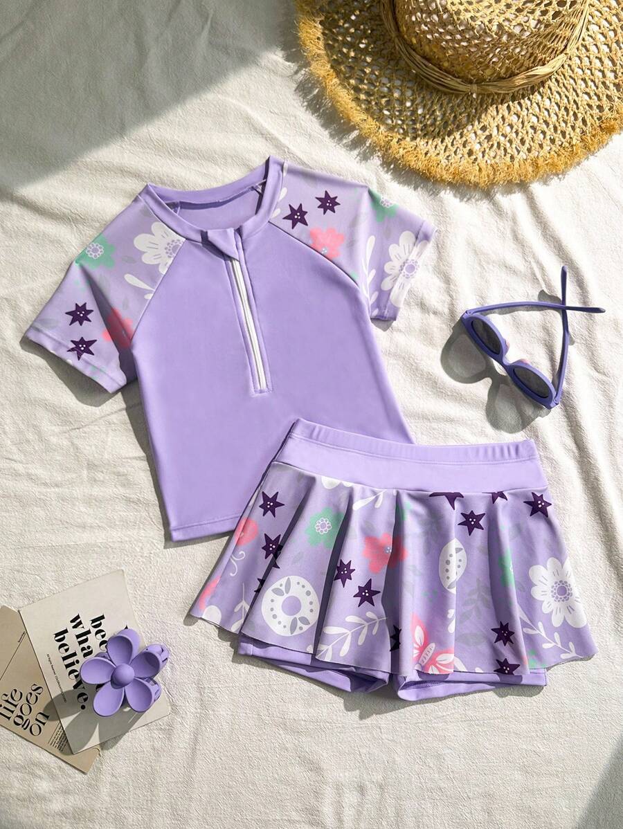 年轻女孩植物印花无袖分体泳衣，夏季海滩度假 - 紫色 - 查看 1