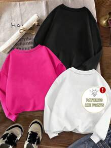 SHEIN Leap Crew 3pcs/Set Tween Girl Casual Minimalist Thermal Lined Loose Fit Round Neck Thick Hoodies, Suitable For Autumn & Winter - Multicolor - View 8