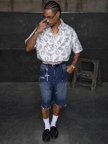 AXEPEAK 男士夏季全印花短袖单排扣休闲衬衫