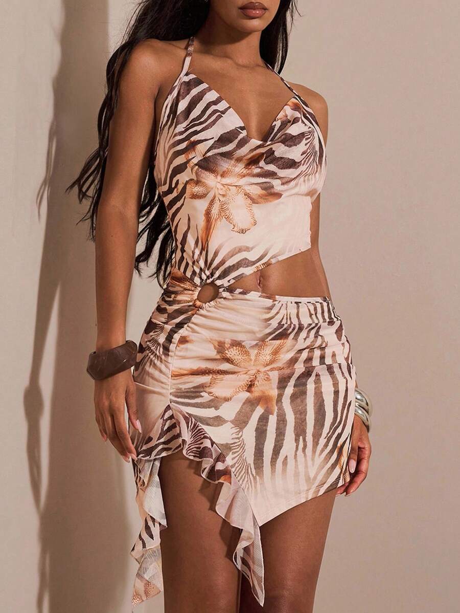 Opulessa Mini Dress da donna con taglio a taglio, in maglia lavorata a maglia con stampa a cerata