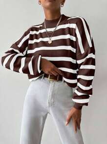 EURMUSE Áo len cổ tròn trễ vai họa tiết sọc đơn giản, dáng rộng dành cho nữ, mùa thu - màu nâu - Xem 3