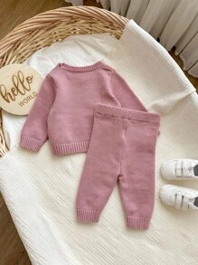 SHEIN Set da neonata con cardigan rosa con fiocco e pantaloni in vita elastica, per autunno/inverno
