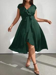 Vionelle Plus Size Solid Color V-Neck Ruffle Trim Party Dress Maxi Women Outfit