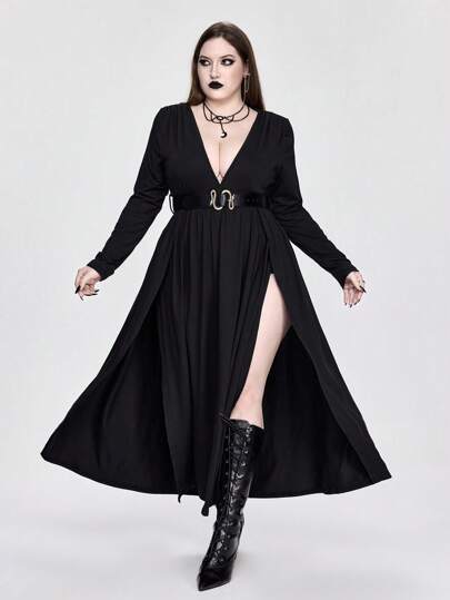 Goth Plus Size Women Sexy Long Sleeve Black Maxi Dress, V-Neck High Slit Party Gown With Detachable Belt