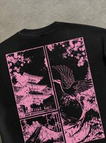 Manfinity Roghcode 男士休闲日式印花宽松短袖T恤，夏季 - 玫紅色 - 查看 2