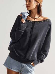 Bohemela Boho Sommer/Herbst Damen Casual Einfarbig Washed Black Studded Metal Decor Off Shoulder Sweatshirt, Bohomian Style Urlaubsoutfits, Geeignet für Musikfestivals - Schwarz - Übersicht 8