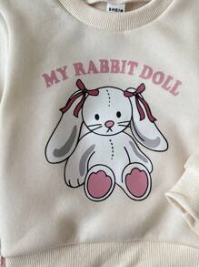 SHEIN 0-3 岁女婴幼儿休闲甜美蝴蝶和兔子印花长袖羊毛衫 + 裤子 2 件套服装套装，春夏 - 粉色 - 查看 5