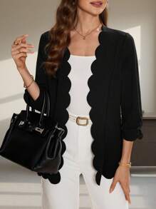 Editum 女士优雅黑色返校服秋季女装复古风格教师服扇贝边夹克，女士春/秋休闲扇贝常规袖常规版型黑色纯色女士外套，休闲日常穿着 - 黑色 - 查看 7