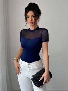 Elenzga Áo thun nữ cổ tròn tay ngắn họa tiết lưới vá trơn màu đa năng mùa hè 2025 - Màu xanh hải quân - Xem 4