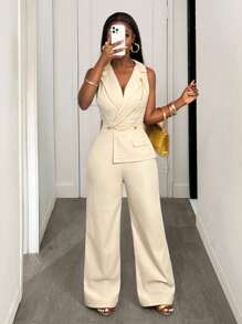 BamGleam 时尚性感西装领金链休闲阔腿女式连体裤 - 杏色 - 查看 3