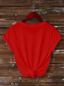 INAWLY Plus Size Women's Bowknot Print V-Neck Short Sleeve Casual Loose T-Shirt, For New Years Graphic Tees Women Tops - Red - View 2