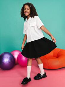 SHEIN Tween Girl Loose Casual Minimalist Collared Pocket Decor Shirt & Pleated Skirt Set,Black And White Summer School Back-To-School Season Girls Clothes - Black and White - View 1