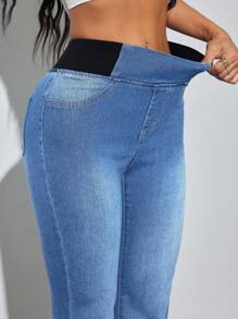 SHEIN PETITE Women's Blue Jeans Skinny Flared Pants Comfortable High Elastic Denim Summer Office Wear Siren Style High Waisted Flare Jeans - Light Wash - View 7