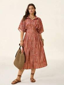 SHEIN LUNE Women's Print Button-Front Pleated Short Sleeve Dress,White,Summer,Smart Casual,Vacation,Fall 4th Of July School Office Country Concert Vintage Outfit - Multicolor - View 7