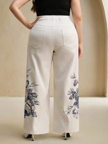 Anewsta Casual Loose Fit Wide Leg Ink Print White Denim Pants, Versatile For Autumn/Winter - White - View 7