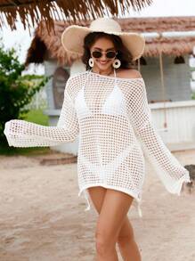 SHEIN Tall Women's Hollow Out Shoulder Off Shoulder Casual Knit Cover Up, Versatile For Spring, Summer, Autumn Holiday & Vacation Knit Pullover Fall Winter - Apricot - View 1