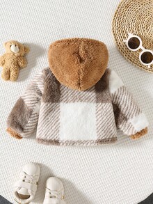 SHEIN Newborn Baby Boy Plaid Color Block Thermal Lined Hoodie Cardigan, Soft & Comfortable Essential All-Match, Autumn/Winter Fall