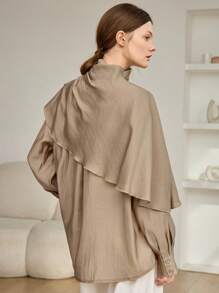 Dazy-Less 女士宽松雪纺衬衫，休闲商务办公装，长袖，披肩领，适合春、夏、秋季穿着。 - 杏色 - 查看 3