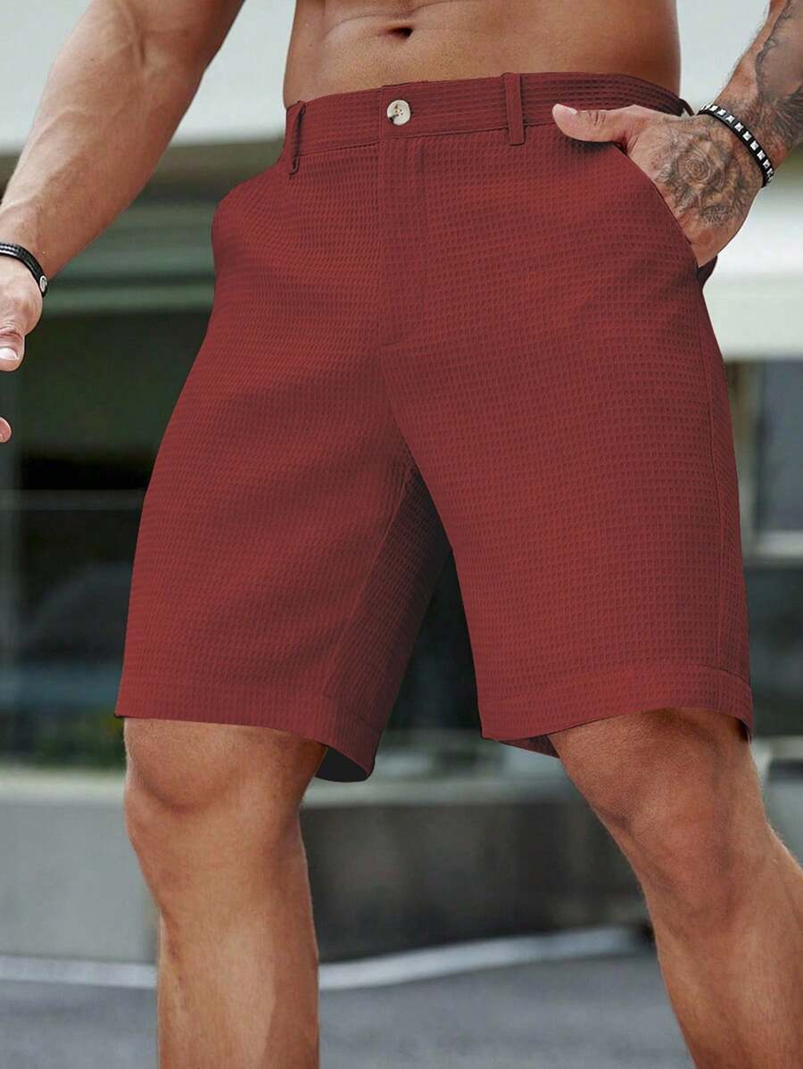 Manfinity Homme Men's Casual Minimalist Business Commute Fashion Solid Color Button Shorts, Red Burgundy - Red - View 1