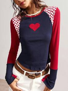 Bohemela Autumn/Winter Boho Casual Knit Patchwork Slim Fit Round Neck Long Sleeve Women T-Shirt,Fall Tops