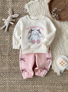 SHEIN 0-3 岁女婴幼儿休闲甜美蝴蝶和兔子印花长袖羊毛衫 + 裤子 2 件套服装套装，春夏 - 粉色 - 查看 1