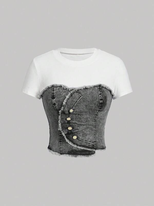 SHEIN MOD Blouse ajustée à manches courtes en patchwork de jean pour femmes