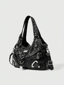 ROMWE Grunge Punk New Punk Rock Chic Women Shoulder Bag Dark Tote Bag Motorcycle Bag For Ladies - Black - View 2