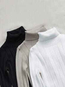 SHEIN LUNE 3pcs Women's All-Match Classic Versatile Pullover Warm Casual Sweaters, Autumn/Winter Turtleneck Sweater Women Women Turtleneck Tops Winter Sweaters For Women High Neck Sweaters Ribbed Turtleneck Sweater Petite In Woman Clothing Airport For Women Fall Sweaters Fall Tops Women Autumn Cute Tops For Women - Grey - View 4