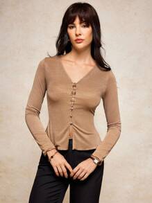 House of One Stretchy Glittery V Neck Button-Up Knit Top Women Summer Fall Casual Transparent Top Brown Button Down Shirt Business Casual Women Fall Women Clothes Old Money Office Outfits For Women Fall Outfits Business Professional Women Business Casual Woman