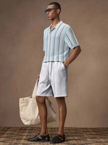 AKNOTIC 男士白色针织休闲宽松松紧腰直筒短裤，适合夏季度假日常搭配聚会情侣男士礼物 - 淺灰色 - 查看 2