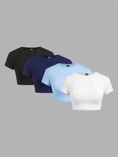 SHEIN BASICS 4 piezas/set Camisetas cortas ajustadas de mujer de unicolor casual con cuello redondo y manga corta