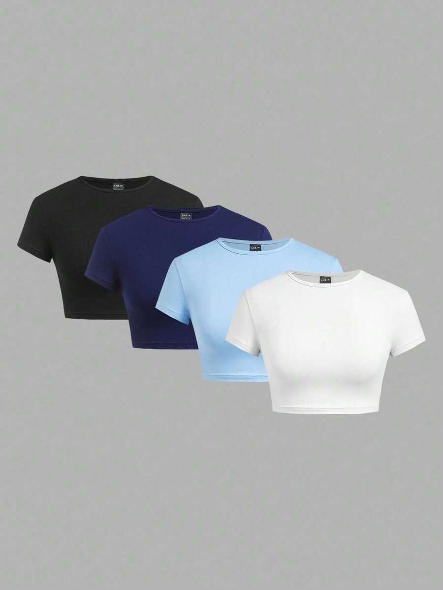 SHEIN BASICS Bộ 4 áo thun nữ cổ tròn tay ngắn màu trơn đơn giản ôm sát - Nhiều màu - Xem 1