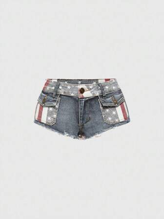ROMWE Avant Y2K Subkultur Millennium Mädchen Nationalflaggen Muster fransige Super Tief-Taillierte Denim Shorts für Frauen