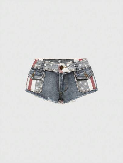 ROMWE Avant Y2K Subculture Millennium Girl National Flag Print Fringed Super Low-Waisted Denim Shorts For Women