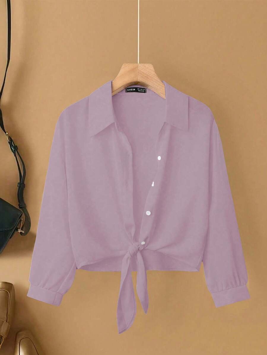 Franclia French Elegant Woven Turndown Collar Long Sleeve Tie-Front Cardigan, New Summer White Women Blouse Casual Outfits Spring Clothes For University Fall Cloth For Women - Purple - View 1