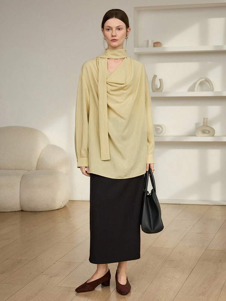 Cream Yellow Loose Casual Business Office Work Wear Blouse For Women, Flared Collar Hollow Tie-Up Long Sleeve, Suitable For Spring, Summer, Autumn