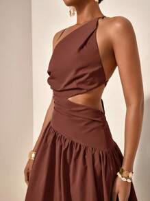 Zivah Nuevo vestido cruzado cruzado con abertura y espalda descubierta, estilo casual y casual para vacaciones - Marrón - Ver 4