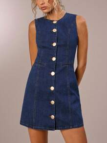 SHEIN Forever 21 Robe en jean bleu avec boutons métalliques pour femme, appropriée pour le bal de promo, les occasions formelles, la plage, les vacances, le style mignon, le style western, les tenues de travail décontractées, les élégantes, les anniversaires, les sorties, les clubs, le bureau, les festivals, les raves, le travail, le style classique, les concerts country, les brunchs, les croisières, le style "old money", les aéroports, les tenues modestes, les églises, le style "fairycore", le sexy, l'humoristique, l'hippie, les tea parties, le style Y2K, le streetwear, les années 2000, le disco, les vacances de printemps, les remises de diplômes, les invités de mariage, les cocktails, le style vintage, le moulant, le style resort - Jean brut - Voir 1