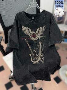 Tseoso Women's Casual Loose Vintage Boho Western Eagle Guitar Print Crew Neck Short Sleeve T-Shirt, Suitable For Summer - Black - View 3