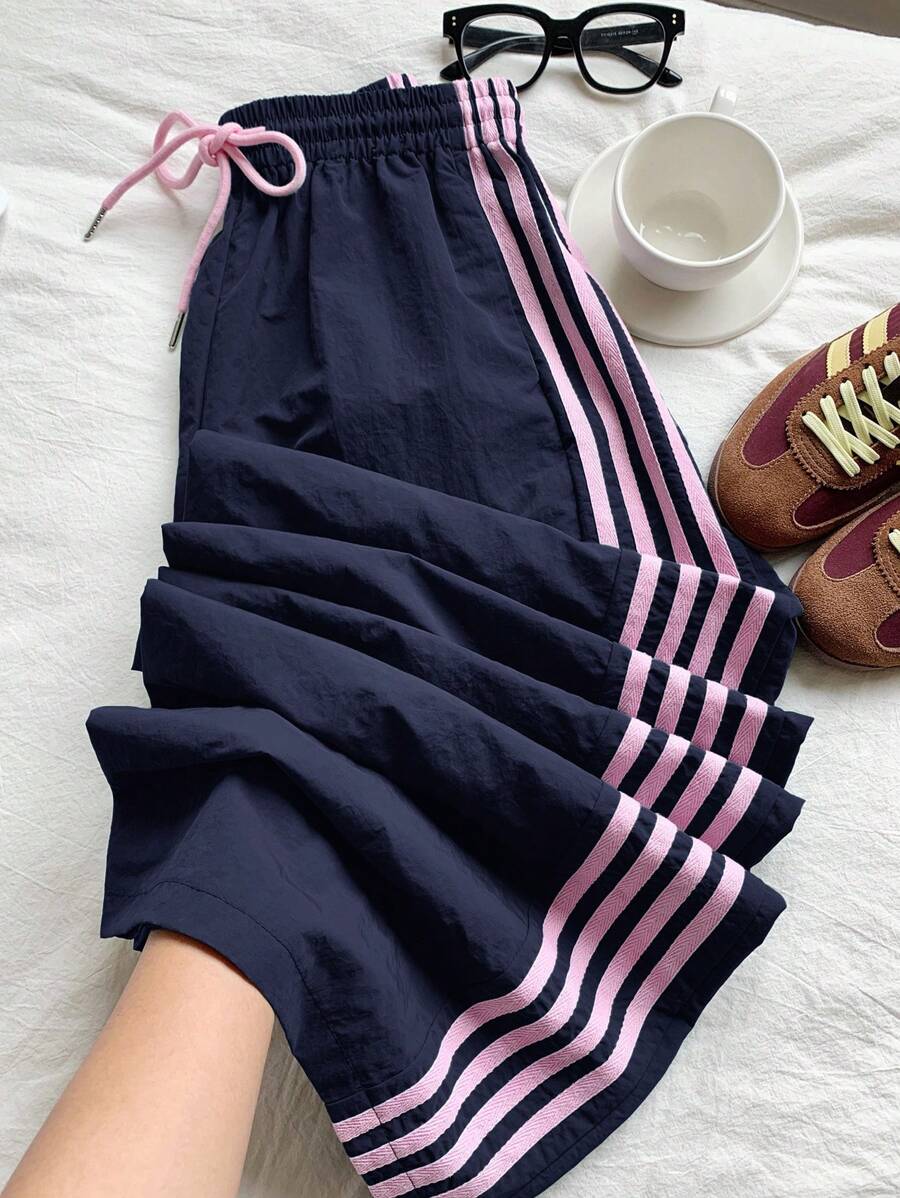 Comfortcana 女款海军蓝侧条纹松紧腰宽松休闲运动裤 - 藏蓝色 - 查看 1