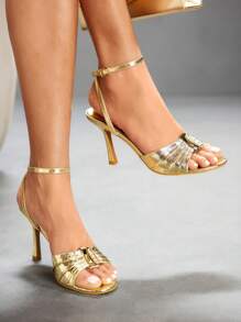 CUCCOO SZL 女士金色金属 PU 绑带踝带时尚性感方头夏季约会派对金属优雅圆头高跟凉鞋