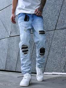 Manfinity EMRG 男式浅蓝色做旧贴布弹力紧身牛仔裤 - 淺色水洗藍 - 查看 8