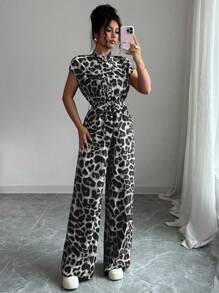 Rafferiza Women's Elegant Stand Collar Open Front Short Sleeve Cinched Waist Wide Leg Jumpsuit Clothes For University - Grey - View 3