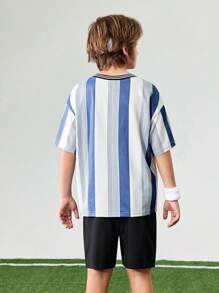 JNSQ 返校青少年男孩户外运动球衣 T 恤和短裤套装，儿童 V 领趣味字母和数字印花专业户外运动制服套装